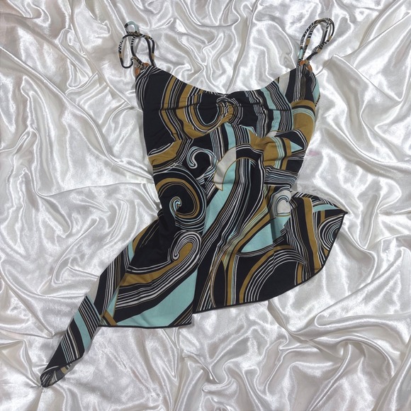 Anna Tops - y2k Cami Top Black Tan Blue Excellent Abstract Swirl Asymmetrical Anna